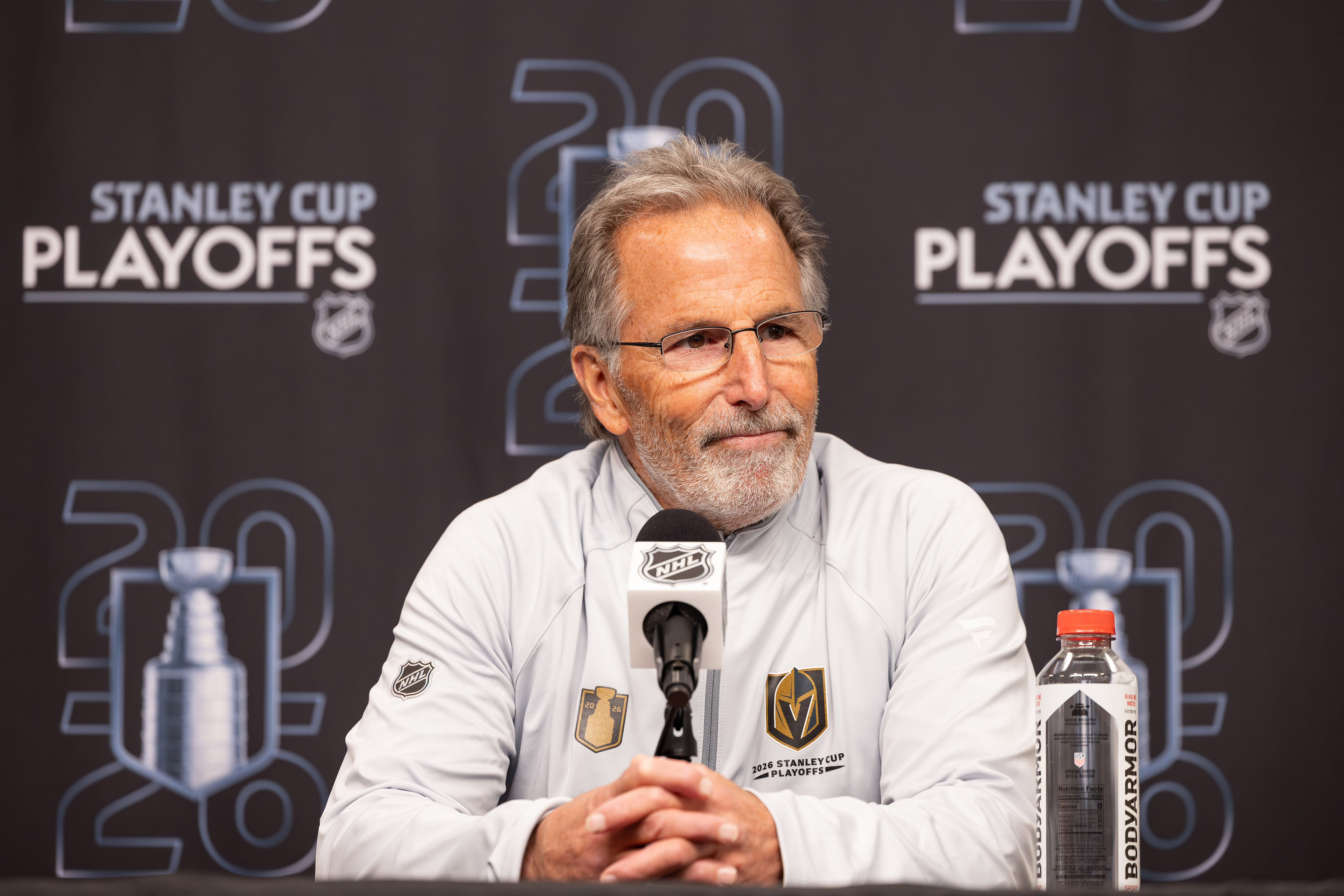 Vegas Golden Knights head coach John Tortorella speak at a press conference after Game 3 of the first round NHL hockey Stanley Cup playoff series against the Utah Mammoth, Friday, April 24, 2026, in Salt Lake City. 