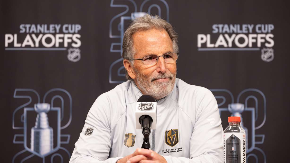 Vegas Golden Knights head coach John Tortorella speak at a press conference after Game 3 of the first round NHL hockey Stanley Cup playoff series against the Utah Mammoth, Friday, April 24, 2026, in Salt Lake City.