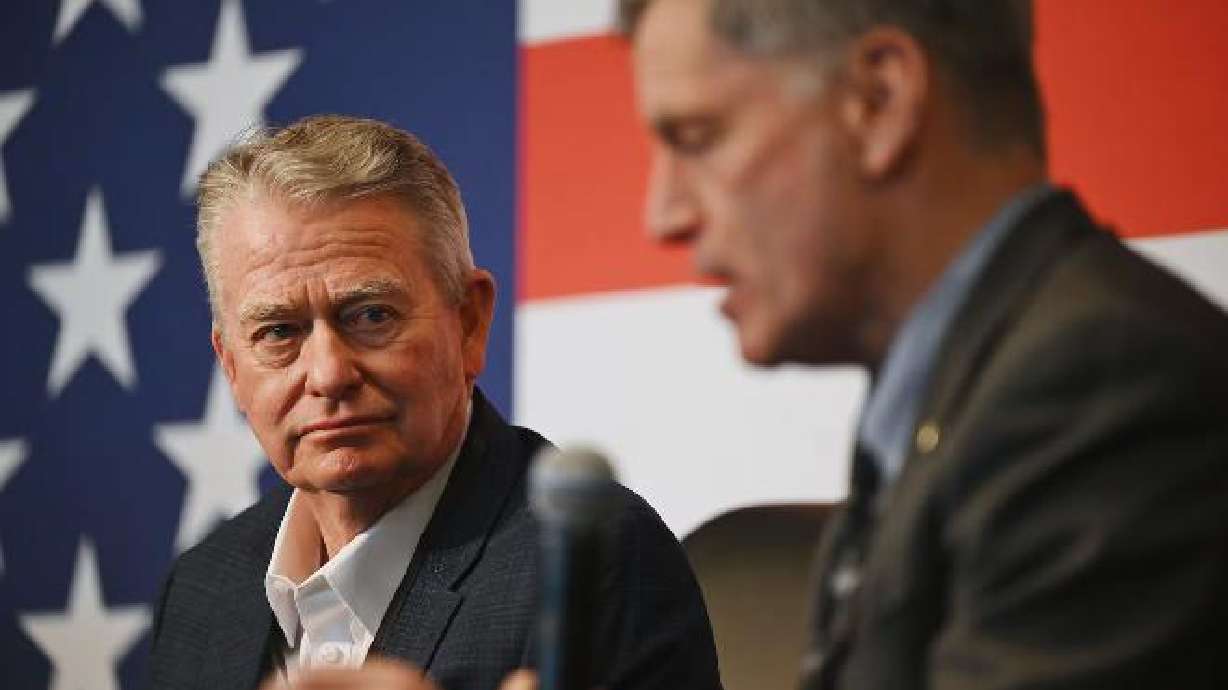 Idaho Gov. Brad Little listens as Wyoming Gov. Mark Gordon speaks as they join with Utah Gov. Spencer Cox at the “Built Here” nuclear energy summit in Draper, discussing the future of nuclear energy in the region on April 29, 2025.