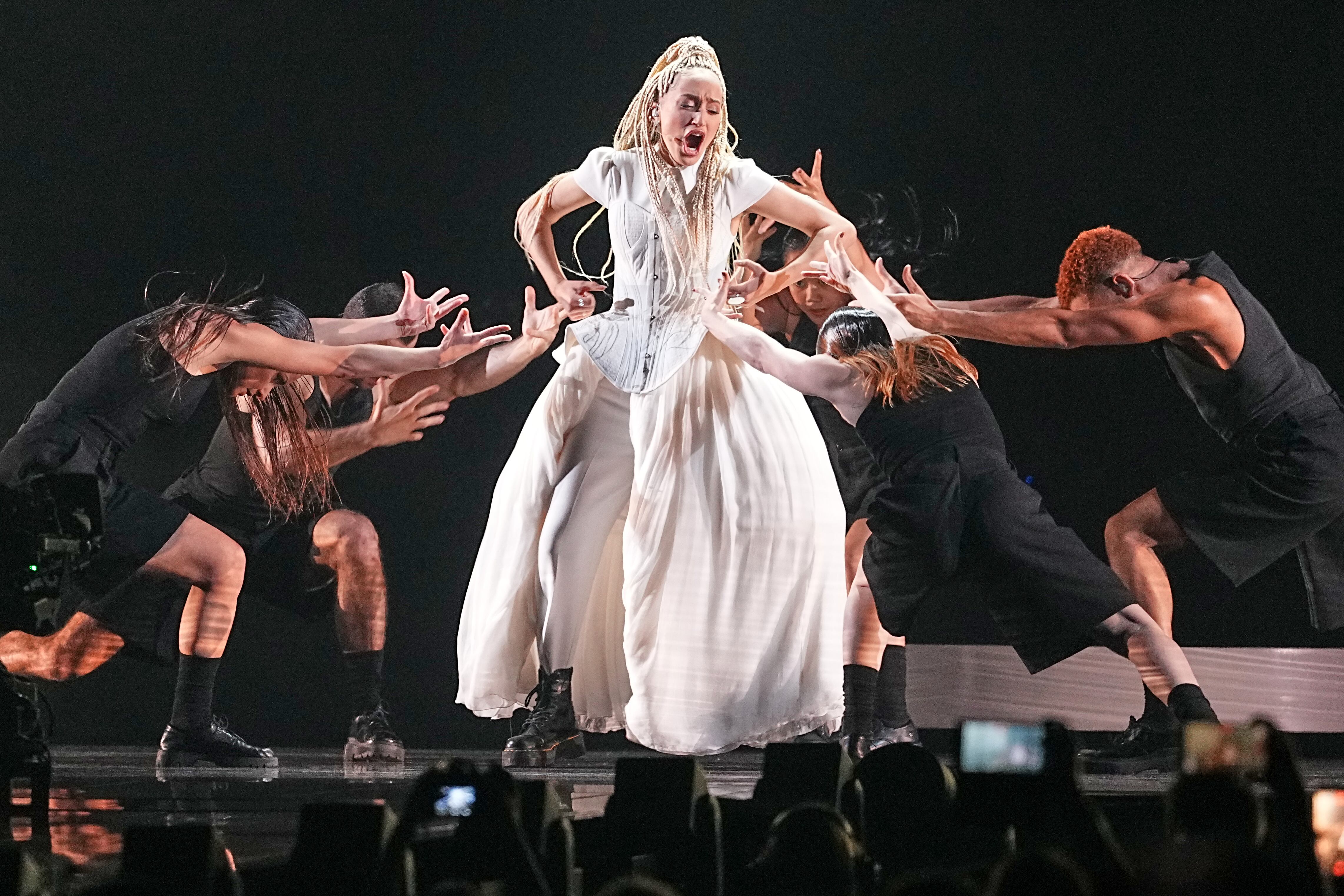 Monroe from France performs the song "Regarde!" during the Grand Final of the 70th Eurovision Song Contest in Vienna, Austria, Saturday.