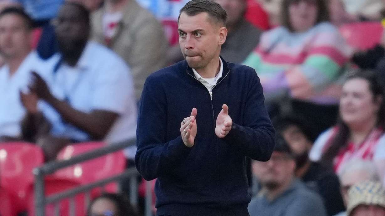 FILE - Southampton's coach Tonda Eckert reacts during the FA Cup semifinal soccer match between Manchester City and Southampton in Manchester, England, Saturday, April 25, 2026. (AP Photo/Kin Cheung, File(