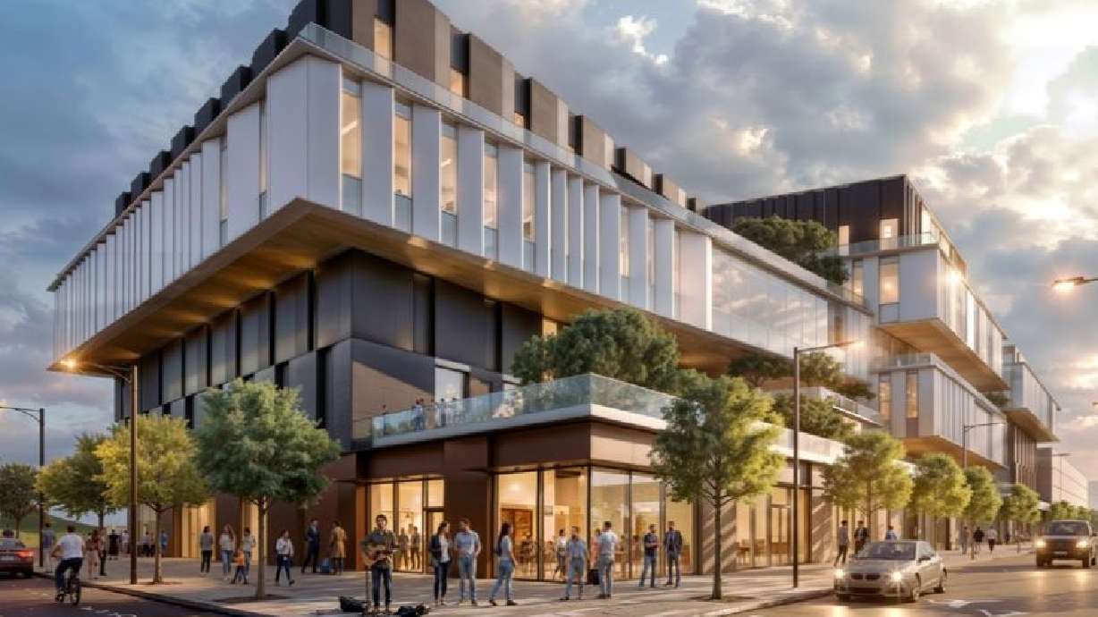 A rendering shows the southwest corner of Convergence Hall. Utah's Nucleus Institute has found a permanent home at the Point development, with Convergence Hall set for completion in 2029.
