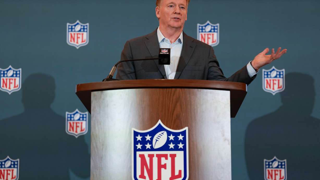 NFL commissioner Roger Goodell answers questions during a news conference at the football owners' meetings Tuesday, May 19, 2026, in Orlando, Fla.
