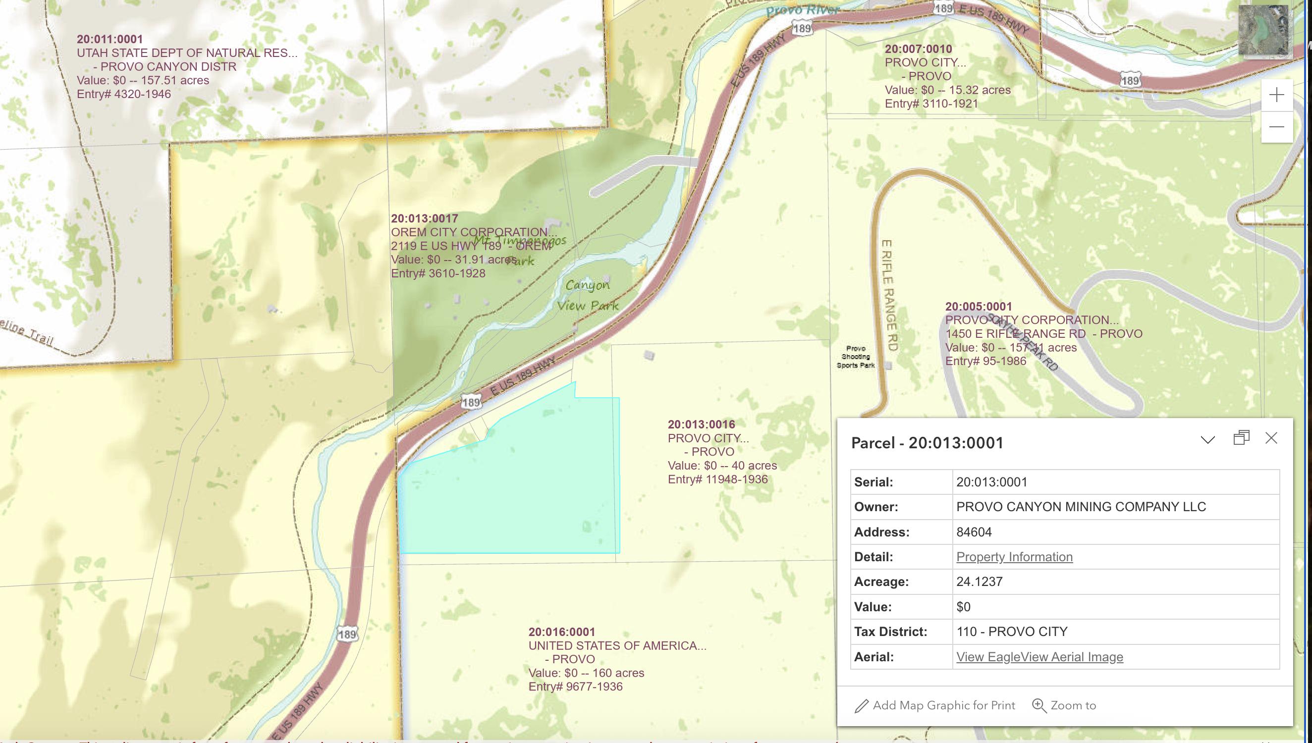 A screenshot of the Utah County parcel map of the site where Vesper Amphitheater is proposed to be built in Provo Canyon.