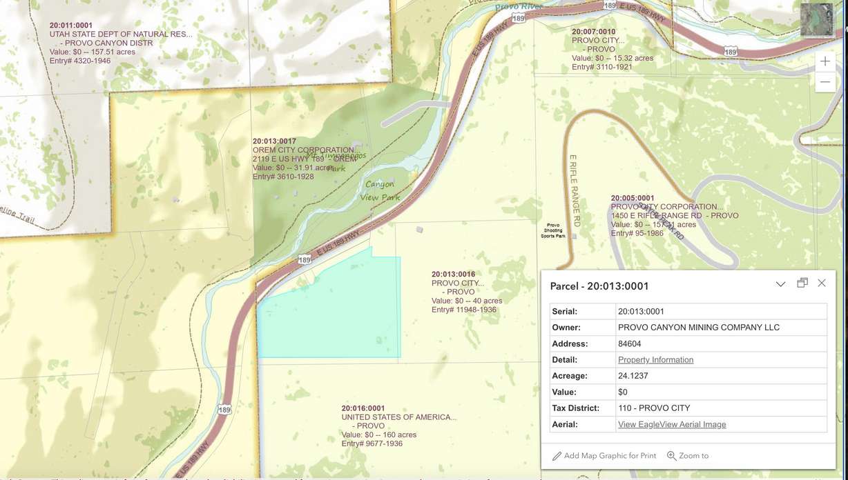 A screenshot of the Utah County parcel map of the site where Vesper Amphitheater is proposed to be built in Provo Canyon.