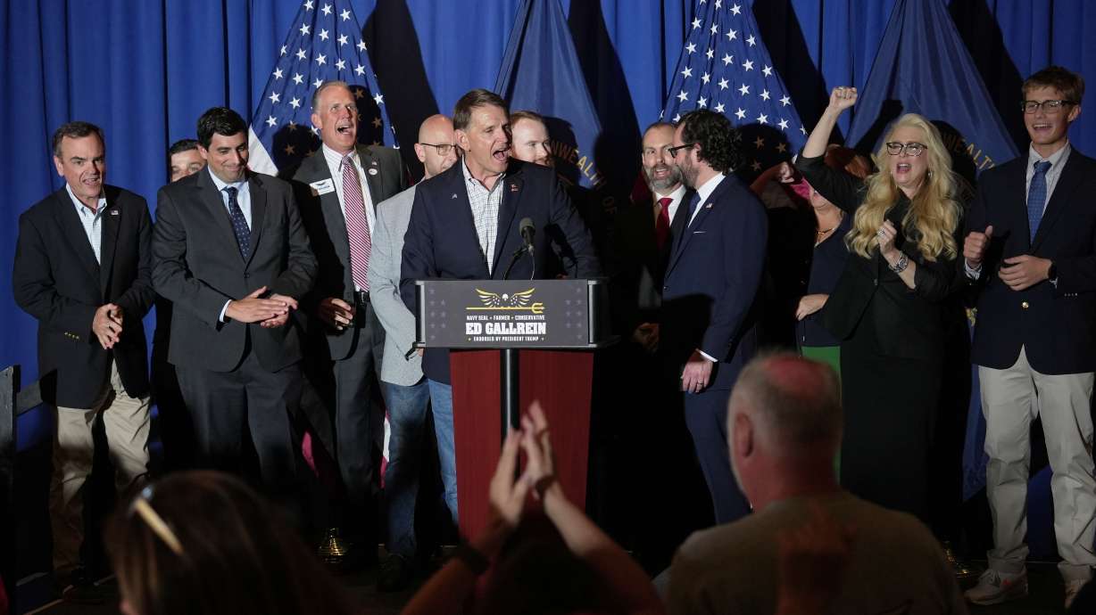 Republican congressional candidate Ed Gallrein speaks after winning the Republican party's nomination during an election night event Tuesday, in Covington, Ky. Gallrein's victory showed the influence that President Donald Trump has over the GOP.