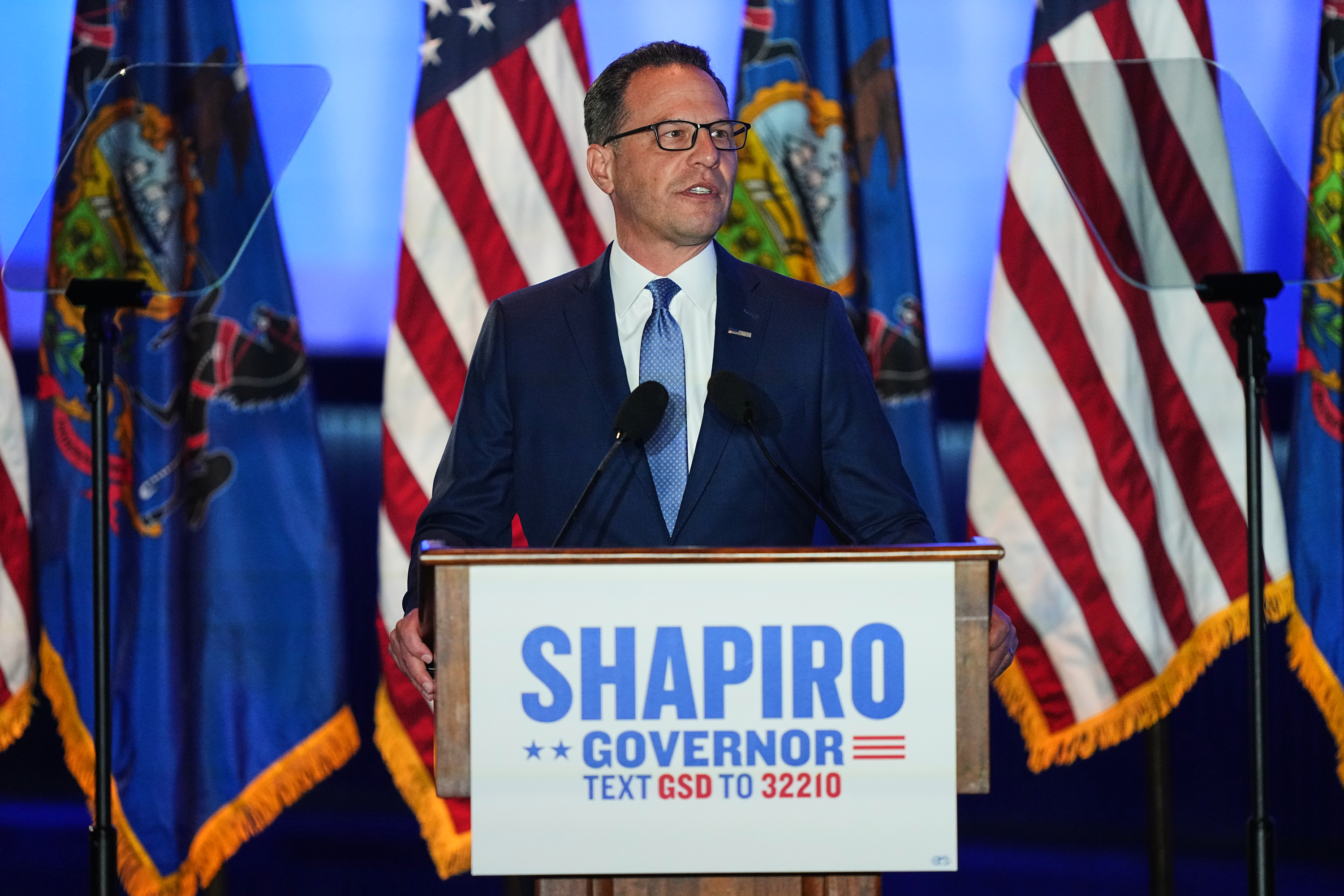 Pennsylvania Gov. Josh Shapiro speaks at an election night watch party in Warminster, Pa., Tuesday. Shapiro, who will face state Treasurer Stacy Garrity in the general gubernatorial election, guided four endorsed candidates to primary election victories.
