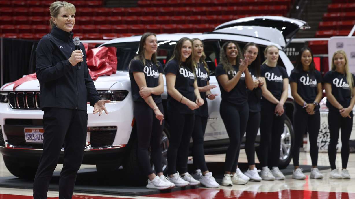 Utah gymnastics coach Carly Dockendorf speaks at the Huntsman Center in Salt Lake City on Dec. 13, 2023. A congressional proposal on regulating student athlete pay was removed from the voting schedule in the House this week.