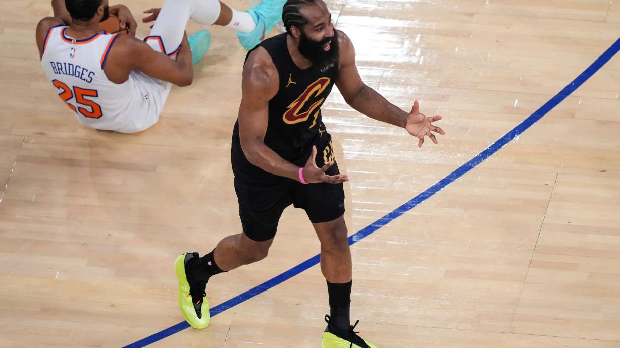 Cleveland Cavaliers guard James Harden (1) reacts after giving a foul to New York Knicks guard Mikal Bridges (25) during the second half of Game 1 in the Eastern Conference finals NBA basketball playoffs series Tuesday, May 19, 2026, in New York.