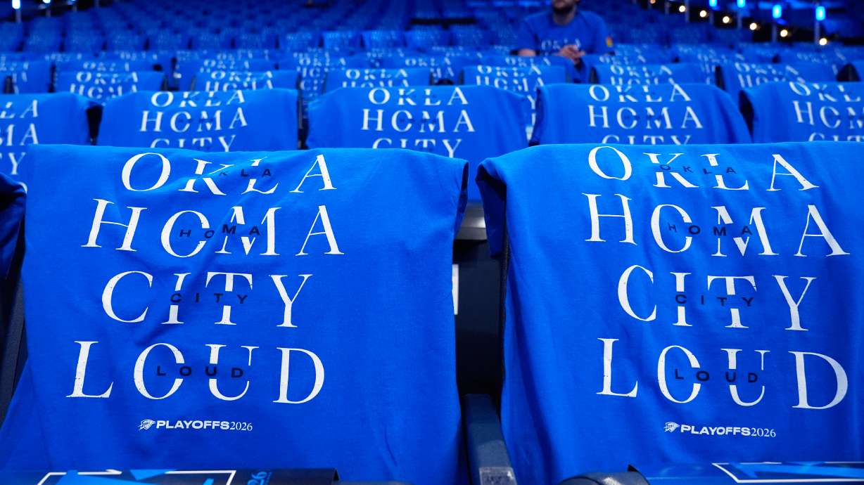T-shirts are draped on fan seats before Game 1 in a third-round NBA basketball playoffs series between the San Antonio Spurs and the Oklahoma City Thunder Monday, May 18, 2026, in Oklahoma City.