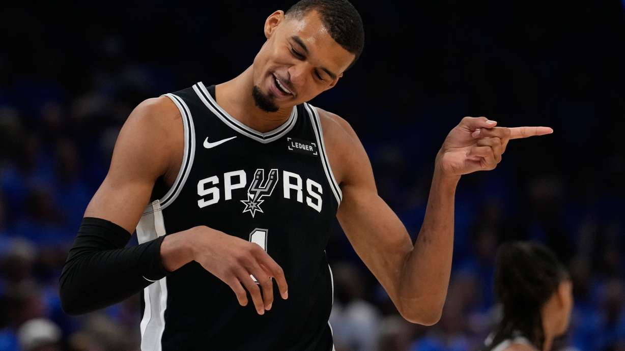 San Antonio Spurs forward Victor Wembanyama celebrates during the second half of Game 1 in a third-round NBA basketball playoffs series against the Oklahoma City Thunder Monday, May 18, 2026, in Oklahoma City.