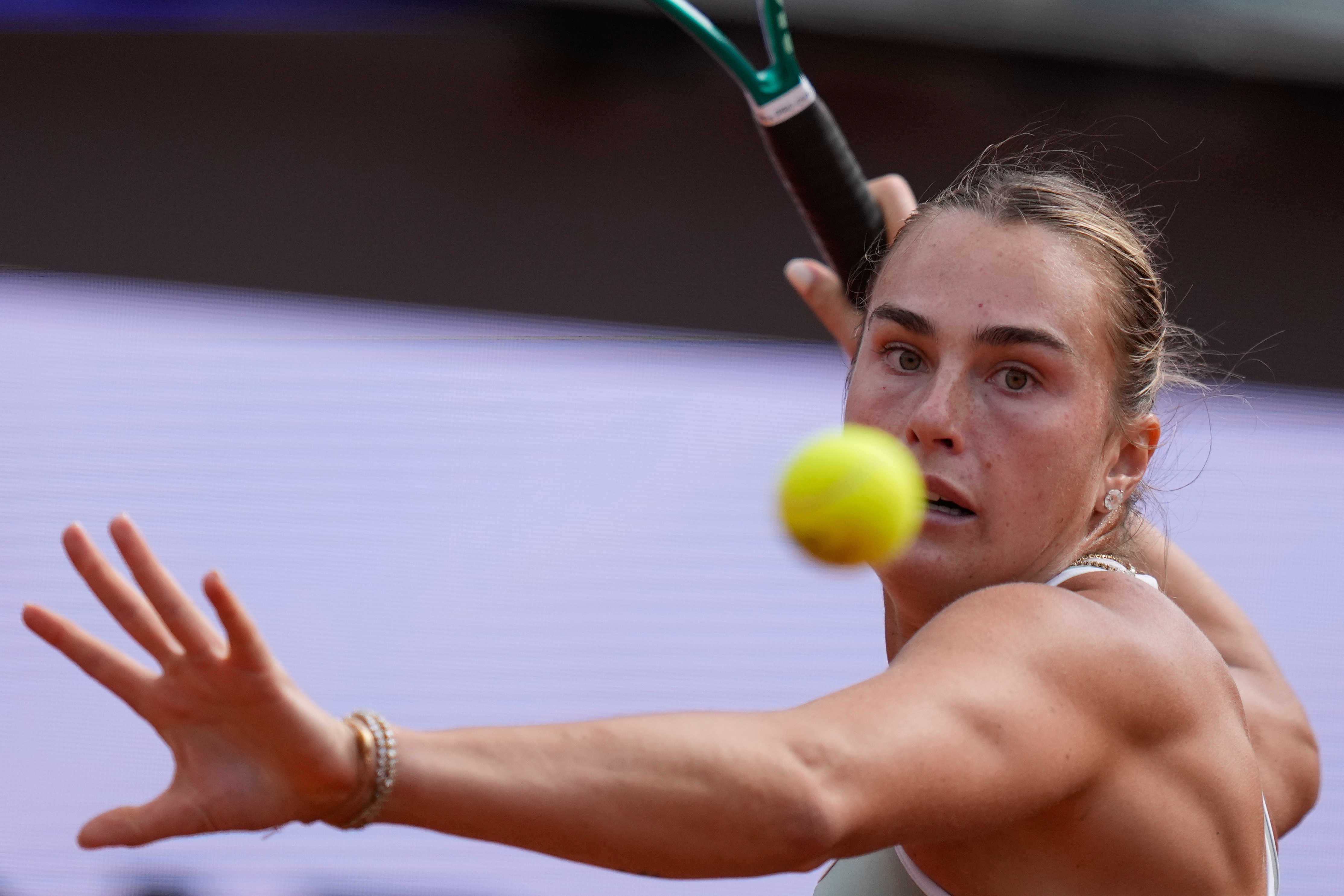 Belarus' Aryna Sabalenka returns the ball to Romania's Sorana Cirstea during their match at the Italian Open tennis tournament in Rome, Saturday, May 9, 2026. 