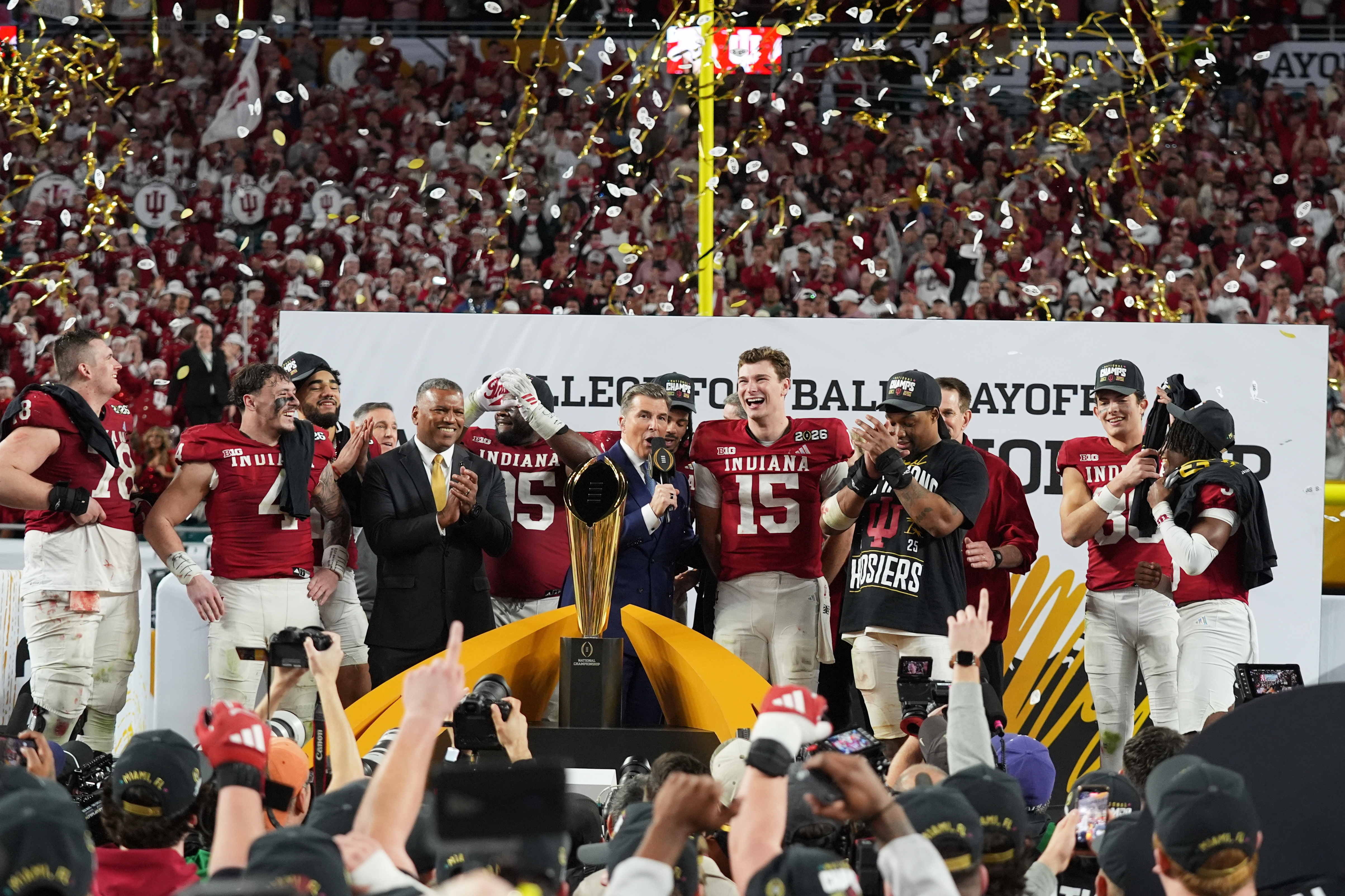 FILE - Indiana quarterback Fernando Mendoza (15) is interviewed during the trophy ceremony after Indiana defeated Miami in a College Football Playoff national championship game, Jan. 19, 2026, in Miami Gardens, Fla. 