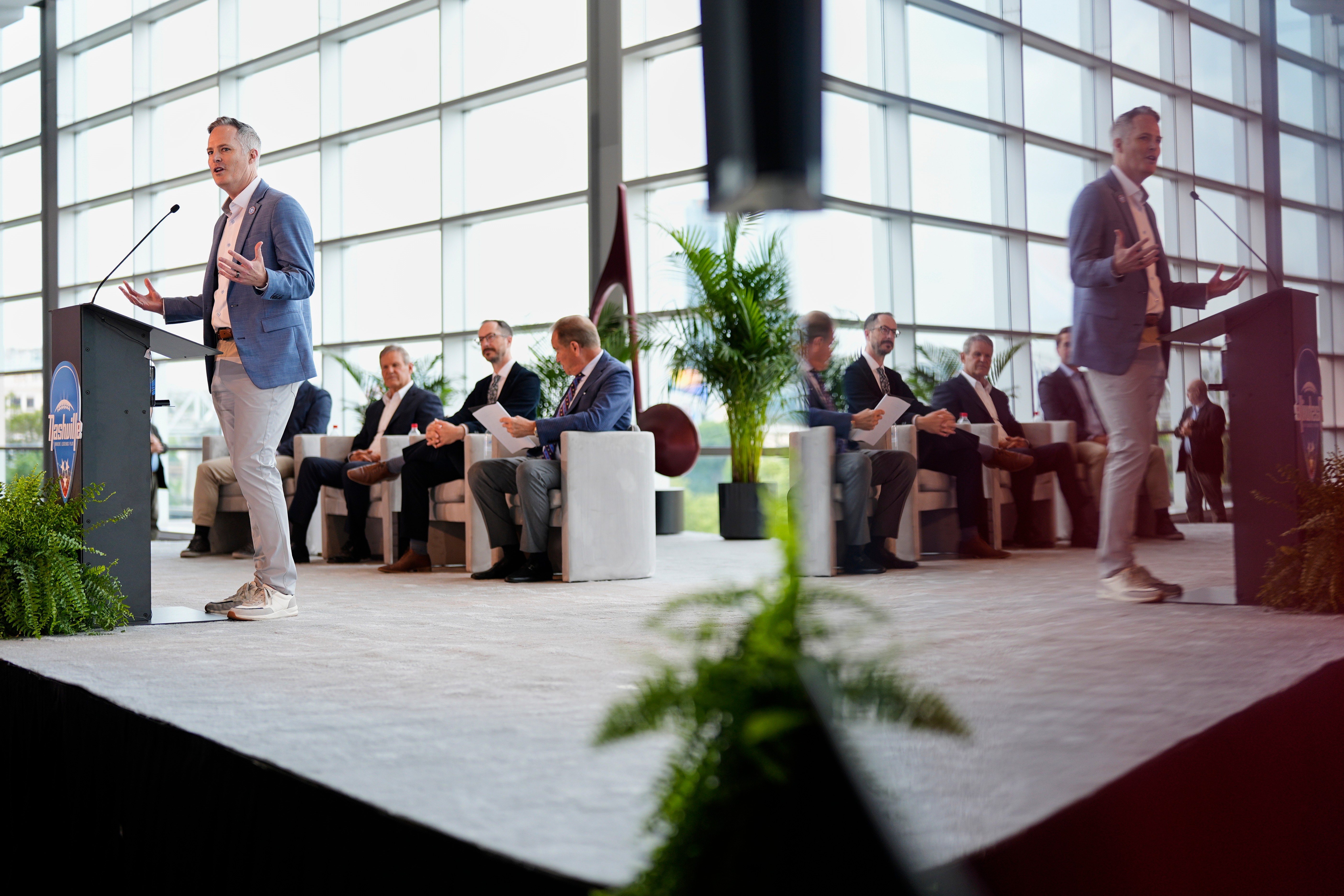 Tennessee Titans President and CEO Burke Nihill speaks during a news conference Wednesday, May 20, 2026, celebrating the 2030 Super Bowl being held at the Tennessee Titans football team's Nissan Stadium in Nashville, Tenn. 