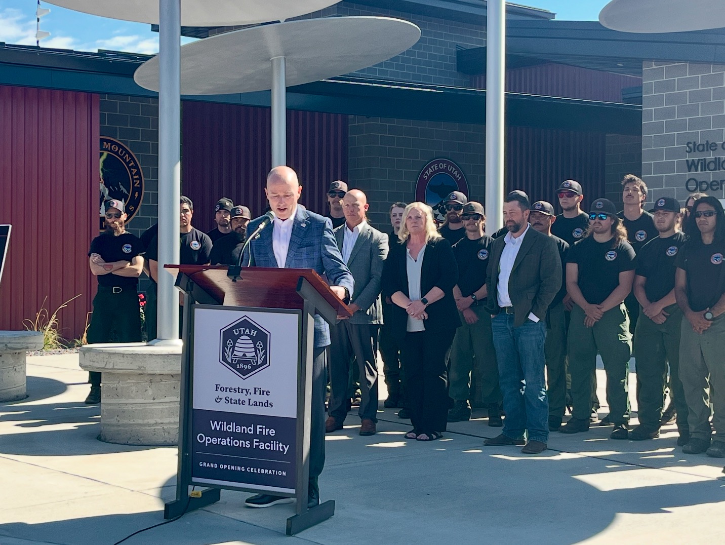 Gov. Spencer Cox speaks about fire safety during an event outside of Utah's new Wildland Fire Operations Center in South Salt Lake on Wednesday.