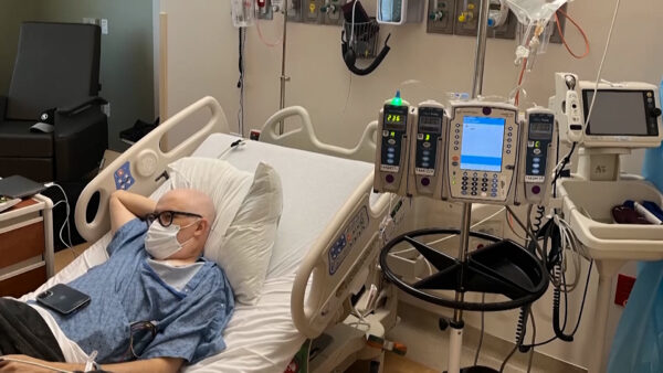 Zachary Proctor undergoing treatment for osteosarcoma. Proctor used his cancer diagnosis as an inspiration for future paintings.