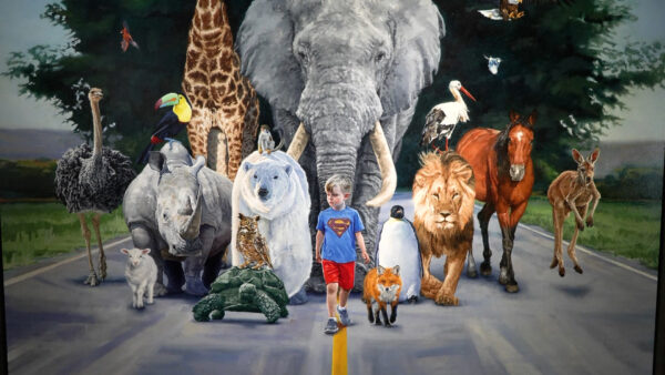 The larger of the two paintings created by Zachary Proctor, titled "And a Little Child Shall Lead Them." Proctor has been creating art like this since 2021.