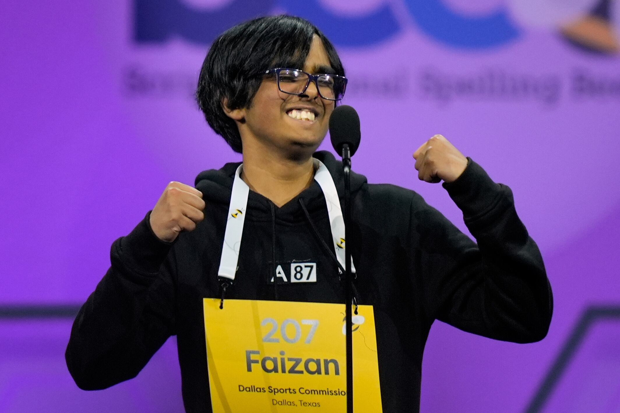 Faizan Zaki, 13, of Dallas, reacts as he wins the 2025 Scripps National Spelling Bee, May 29, 2025, in Oxon Hill, Md.