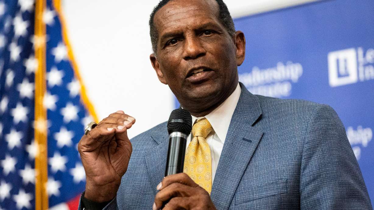 Rep. Burgess Owens, R-Utah, speaks at the University of Utah in Salt Lake City on April 10. House Republicans advanced a measure that would restrict federal funding for schools unless they adopt policies requiring teachers to get parental consent before changing a student's gender designation, pronouns or preferred name.