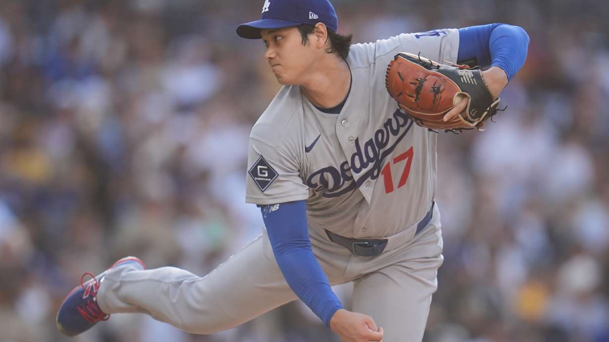 Los Angeles Dodgers starting pitcher Shohei Ohtani works against a San Diego Padres batter during the first inning of a baseball game Wednesday, May 20, 2026, in San Diego.
