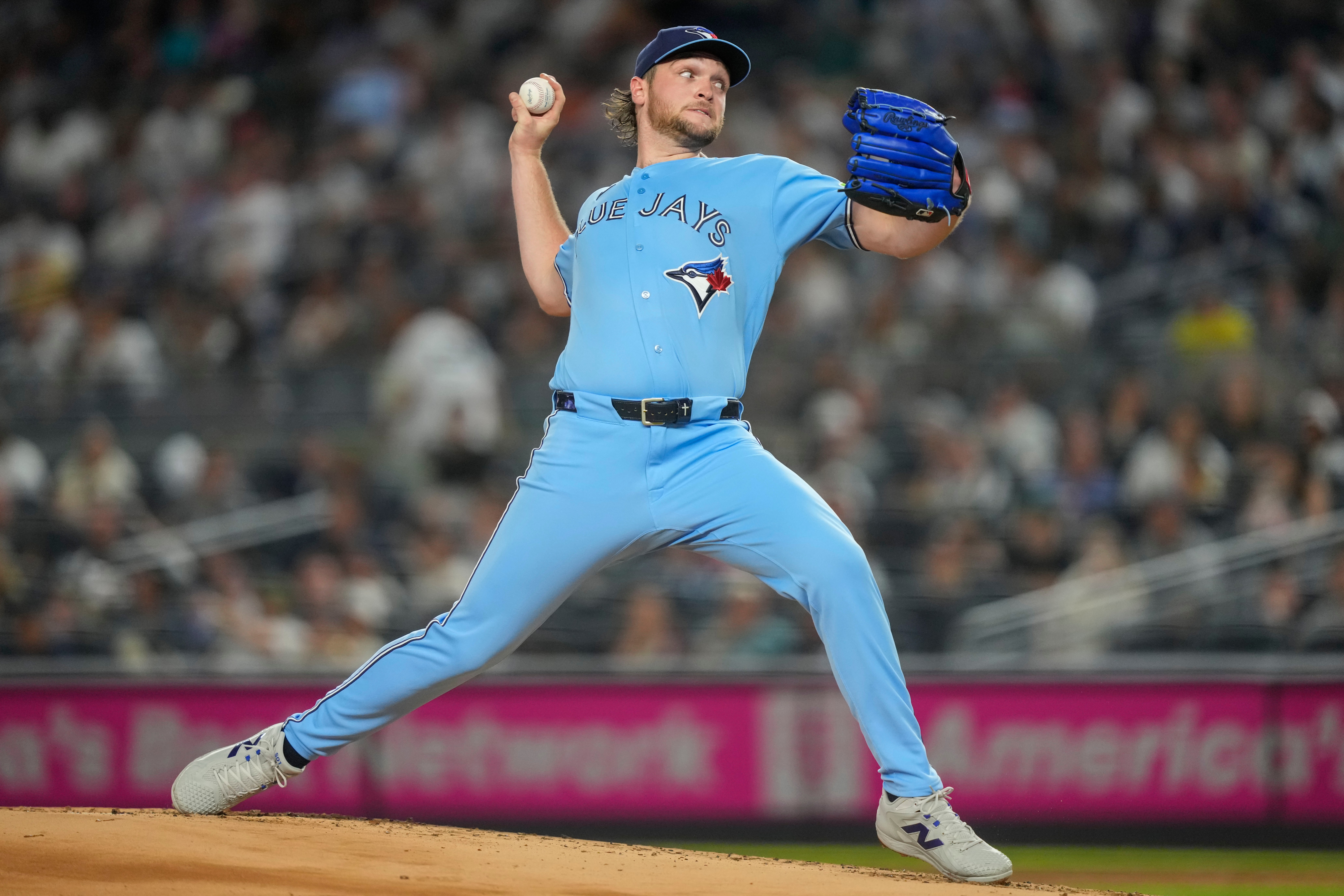 Toronto Blue Jays pitcher Trey Yesavage (39) throws during the first inning of a baseball game against the New York Yankees, Wednesday, May 20, 2026, in New York. 