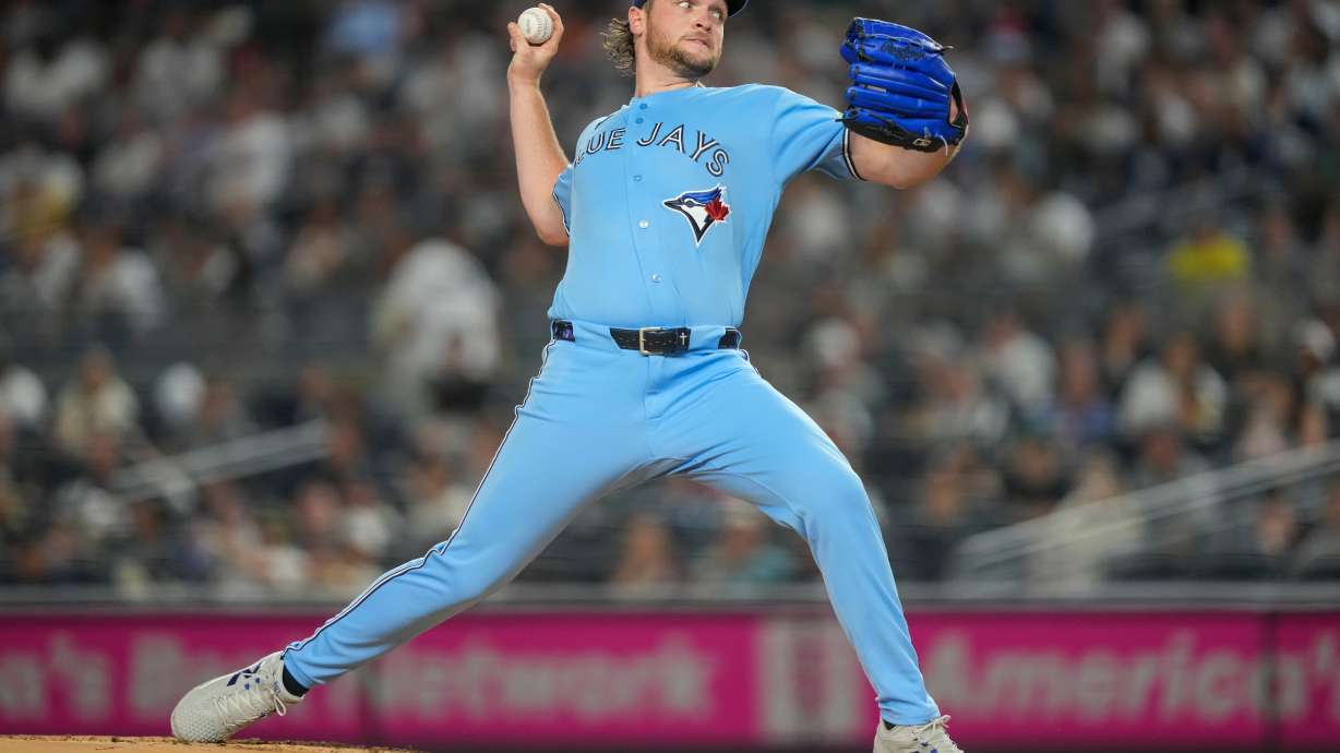 Toronto Blue Jays pitcher Trey Yesavage (39) throws during the first inning of a baseball game against the New York Yankees, Wednesday, May 20, 2026, in New York.