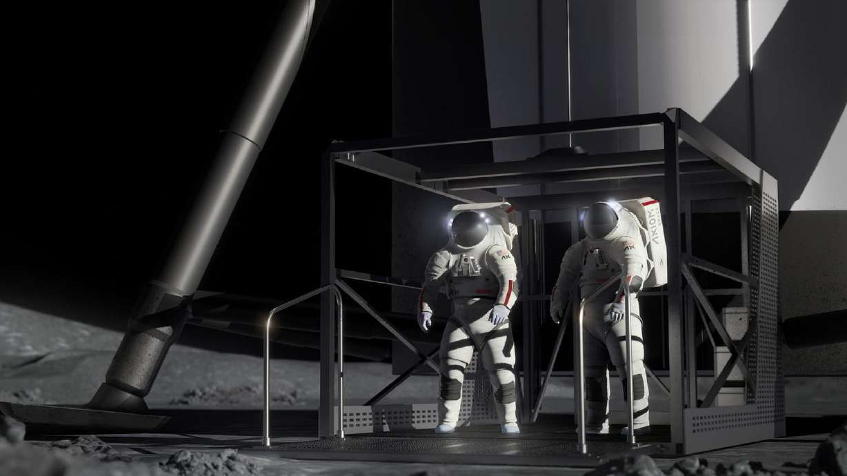 These artist’s concepts show SpaceX’s Starship Human Landing System on the moon. SpaceX is working to develop a Starship Human Landing System to carry astronauts from lunar orbit to the moon’s surface.