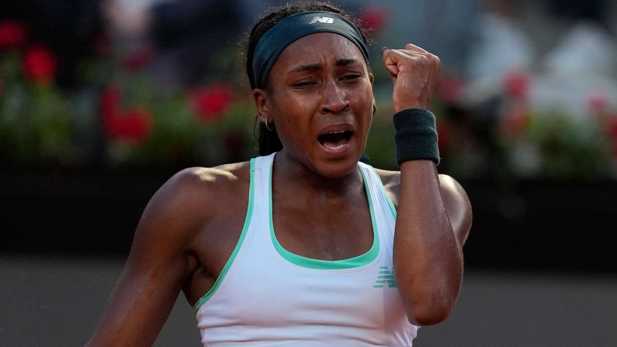 United States' Coco Gauff reacts as she plays against Ukraine's Elina Svitolina during their women's final match at the Italian Open tennis tournament in Rome, Saturday, May 16, 2026.