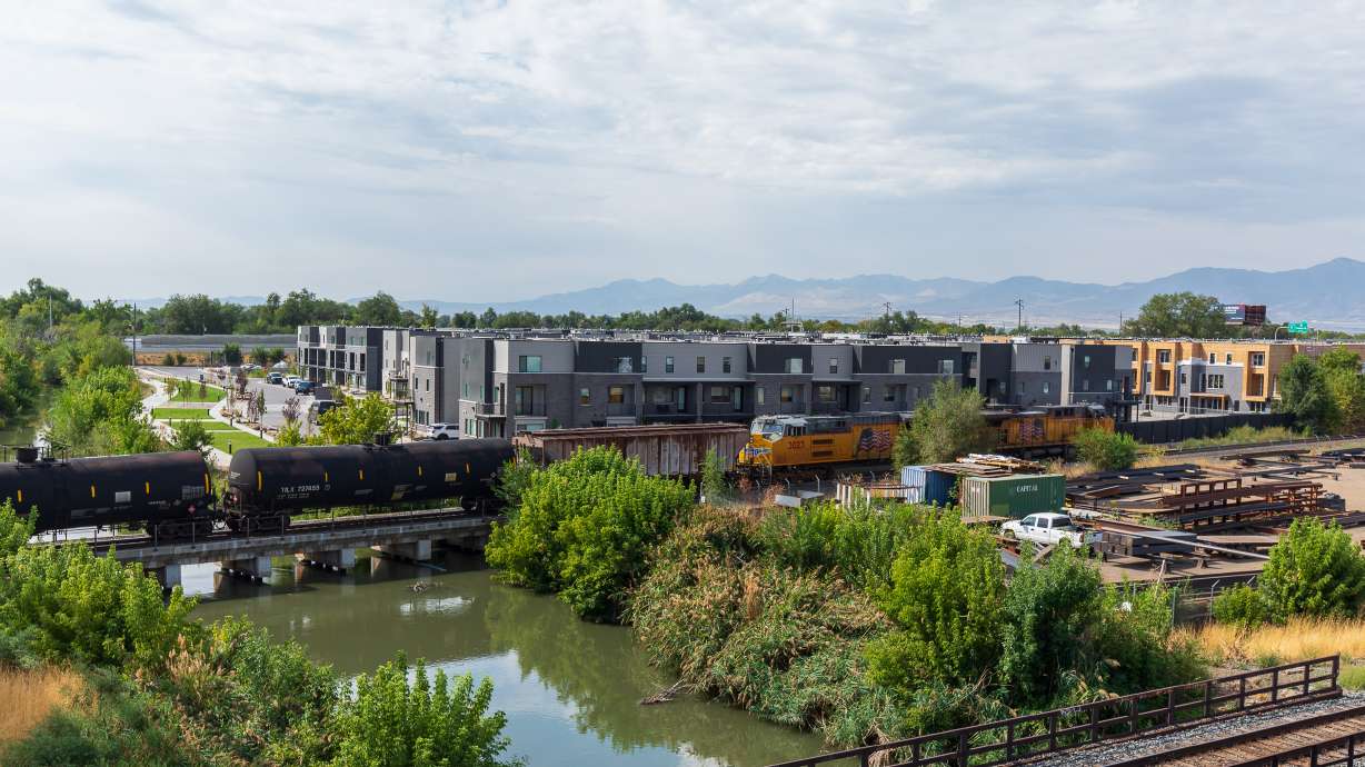 A Union Pacific freight train crosses the Jordan River in Salt Lake City Sept. 4, 2025. The Salt Lake City Council voted Tuesday to approve a road closure a few blocks west of the river that can allow for a new quiet zone on the west side of the city.