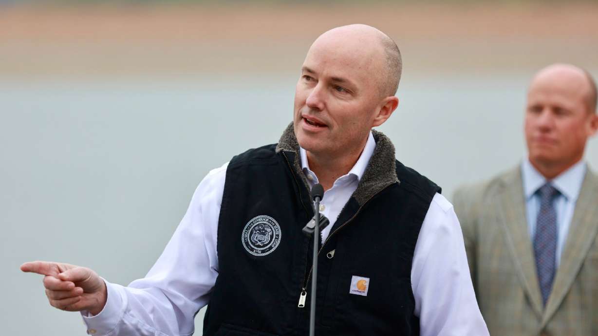 Utah Gov. Spencer Cox speaks at a press conference about water at Little Dell Reservoir near Emigration Canyon on Thursday. Cox issued an emergency declaration over Utah's worsening drought situation.