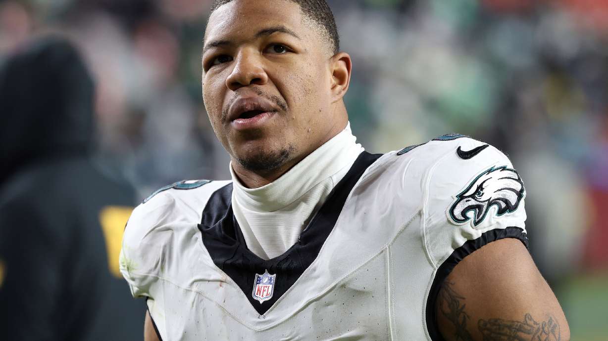 FILE - Philadelphia Eagles linebacker Nolan Smith Jr. (3) looks on after an NFL football game against the Washington Commanders, Saturday, Dec. 20, 2025, in Landover, Md.