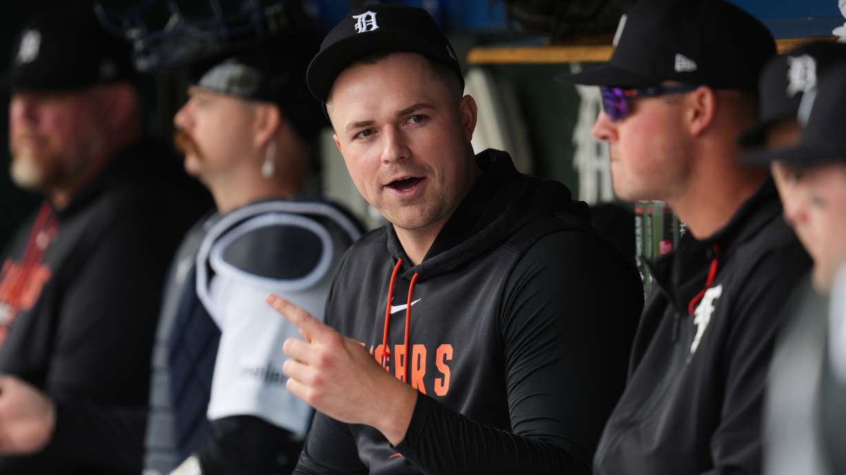 Detroit Tigers pitcher Tarik Skubal watches from the dugout against the Cleveland Guardians during the first inning of a baseball game Wednesday, May 20, 2026, in Detroit.