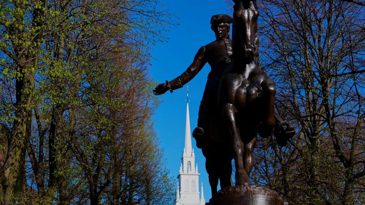 FILE - A statue of American patriot Paul Revere, famous for his 1775 ride to alert colonists of approaching British troops, stands near the Old North Church, Monday, April 20, 2026, in Boston.