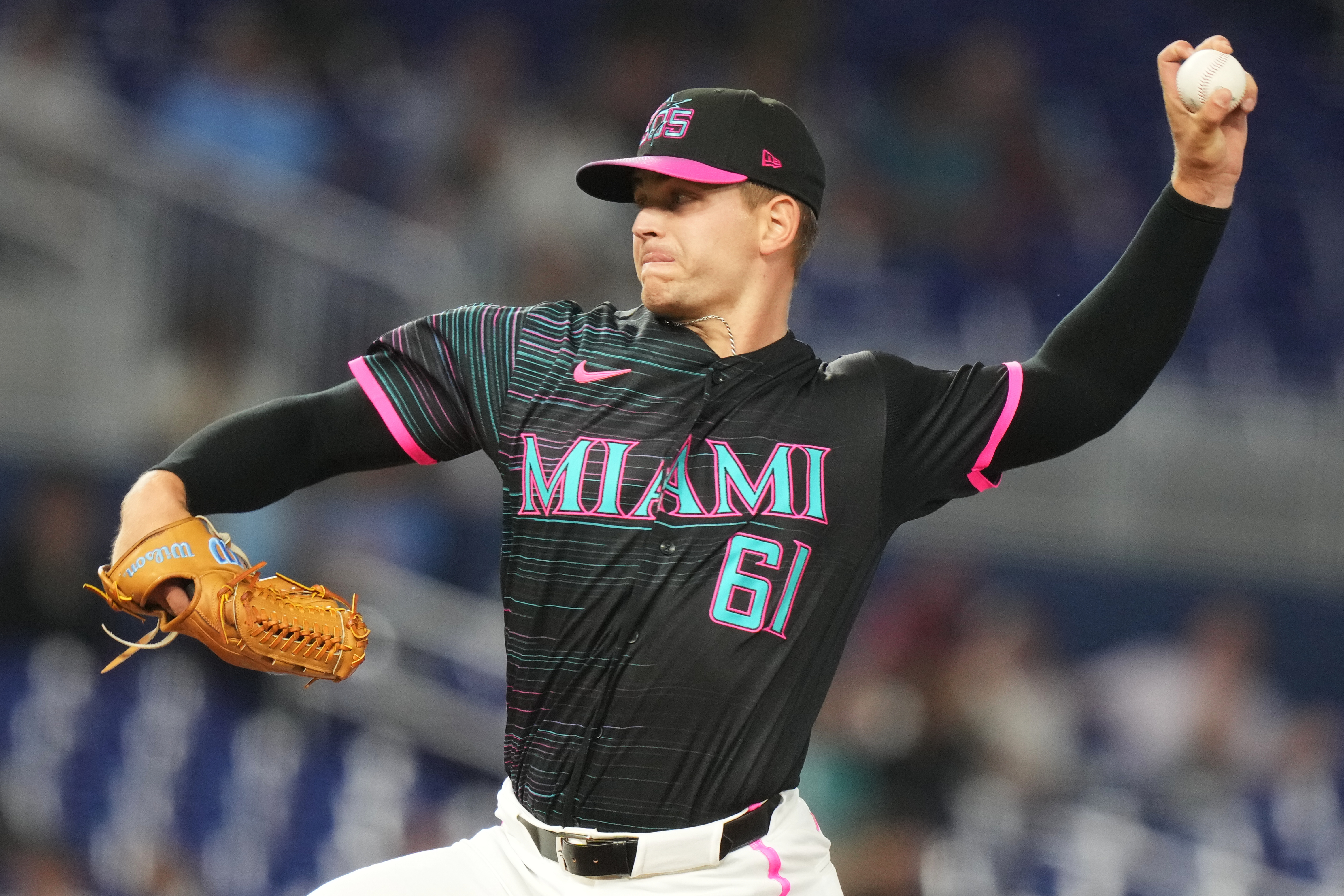 Miami Marlins starting pitcher Robby Snelling throws during the first inning of a baseball game against the Washington Nationals, Friday, May 8, 2026, in Miami. 
