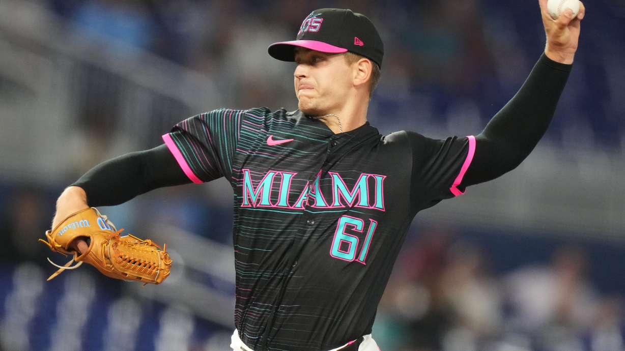 Miami Marlins starting pitcher Robby Snelling throws during the first inning of a baseball game against the Washington Nationals, Friday, May 8, 2026, in Miami.