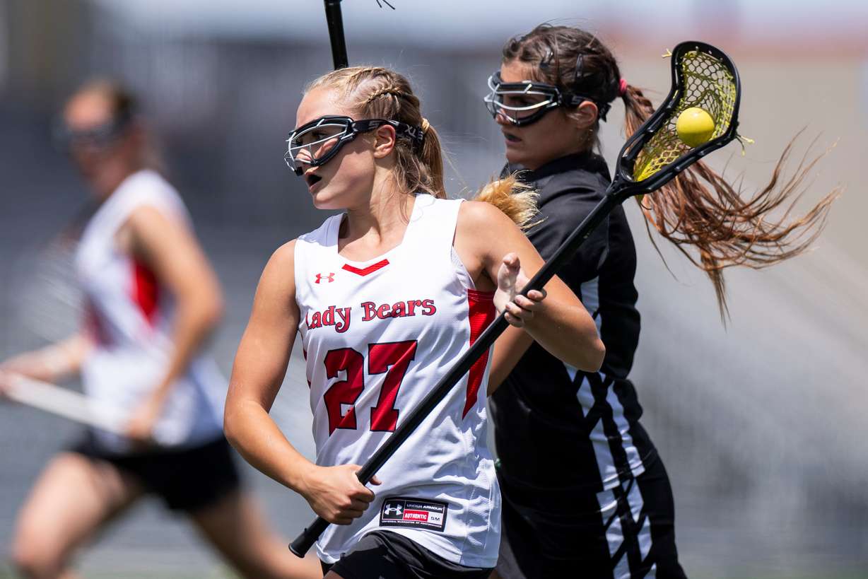 Bear River's Mollie Call (27) drives to the goal against Provo during the 4A girls lacrosse state championship game at Zions Bank Stadium in Herriman on Thursday, May 21, 2026.