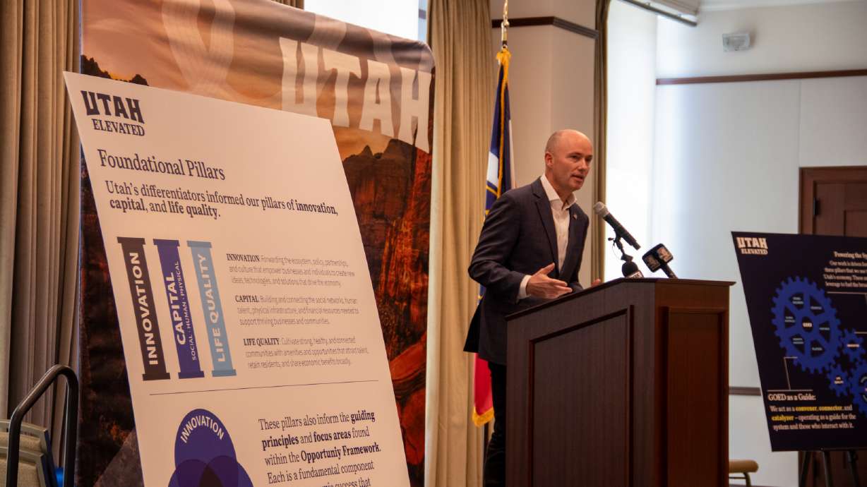 Utah Gov. Spencer Cox speaks to unveil a new strategic economic plan at the North Capitol Building in Salt Lake City on Thursday.