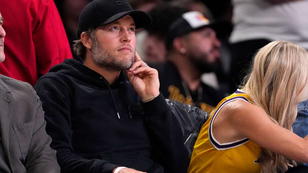 Los Angeles Rams quarterback Matthew Stafford watches during the second half in Game 2 of a first-round NBA playoffs basketball series between the Los Angeles Lakers and the Houston Rockets, Tuesday, April 21, 2026, in Los Angeles.