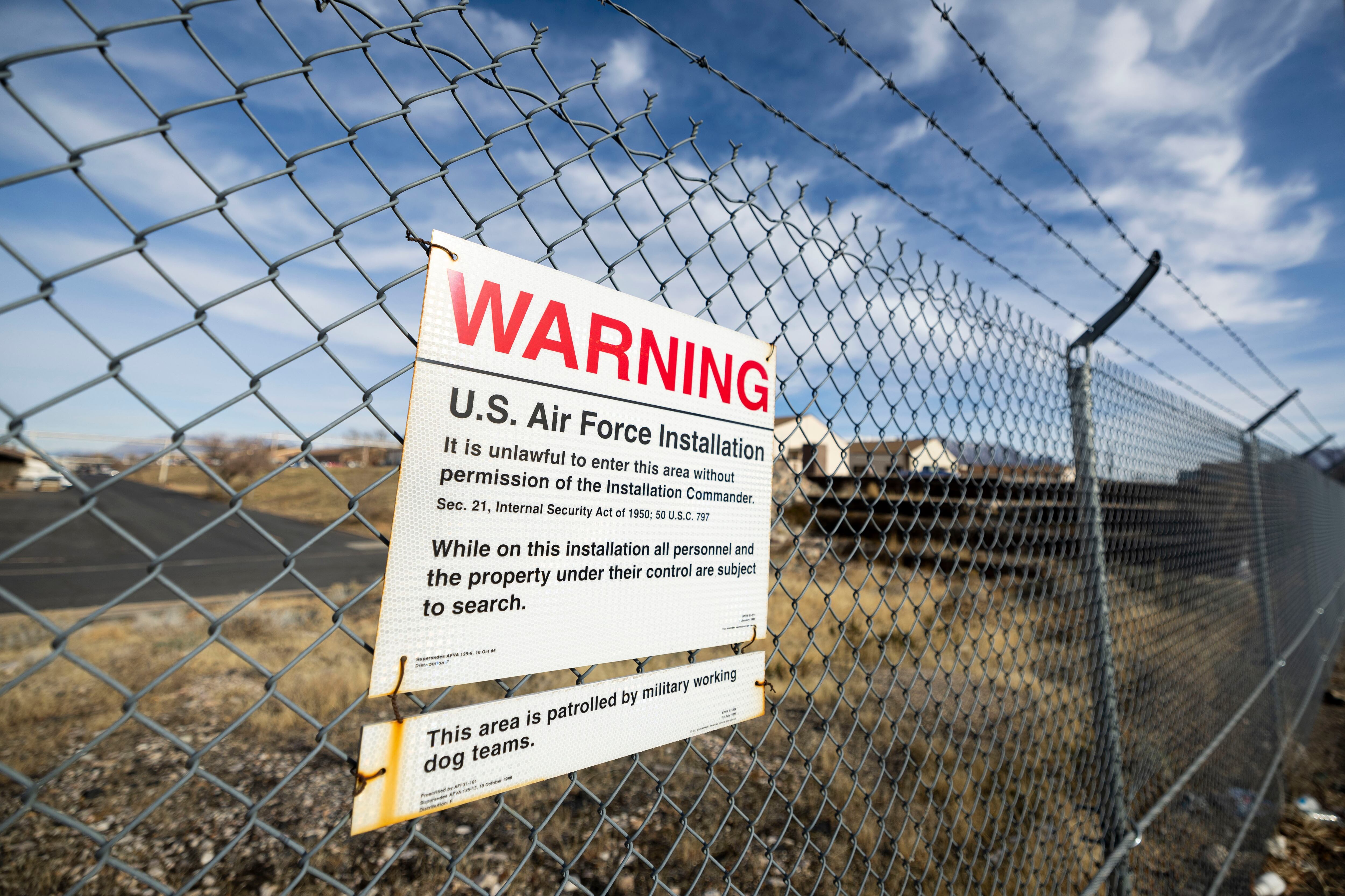 A sign is posted near the west gate of Hill Air Force Base northeast of Clearfield on Dec. 11, 2024. The base may receive a funding boost for a new F-35 repair facility in a provision in a military spending bill passed this week.