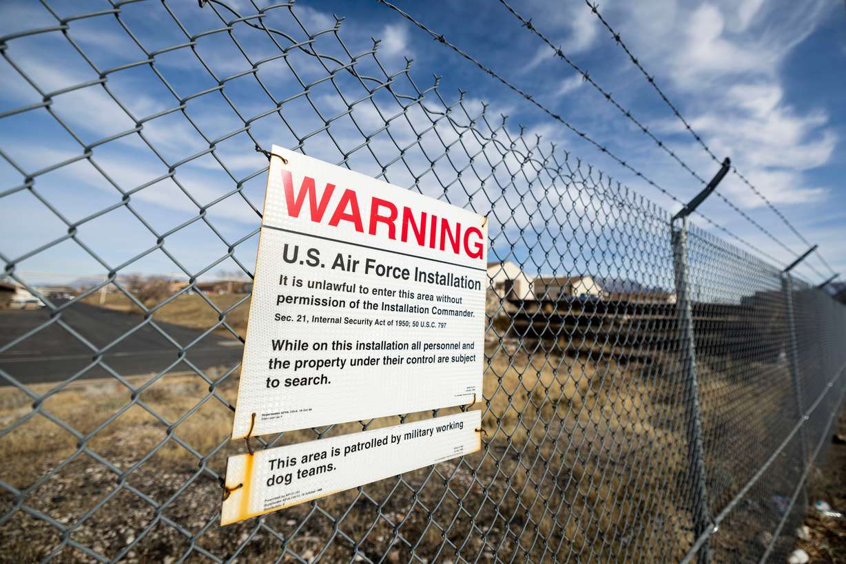 A sign is posted near the west gate of Hill Air Force Base northeast of Clearfield on Dec. 11, 2024. The base may receive a funding boost for a new F-35 repair facility in a provision in a military spending bill passed this week.