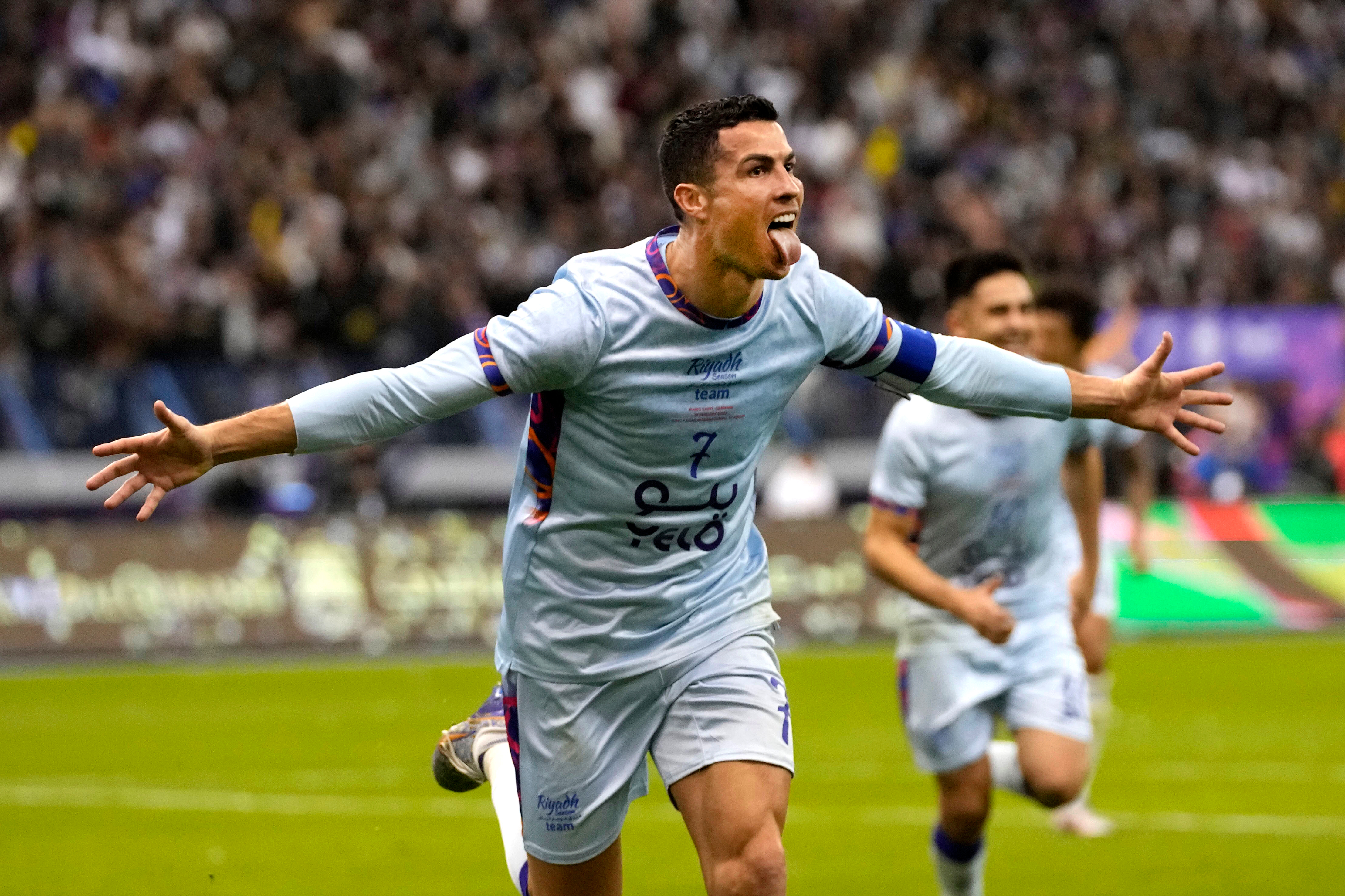 FILE - Al Nassr's Cristiano Ronaldo celebrates after scoring at the King Saud University Stadium, in Riyadh, Saudi Arabia, Jan. 19, 2023. 
