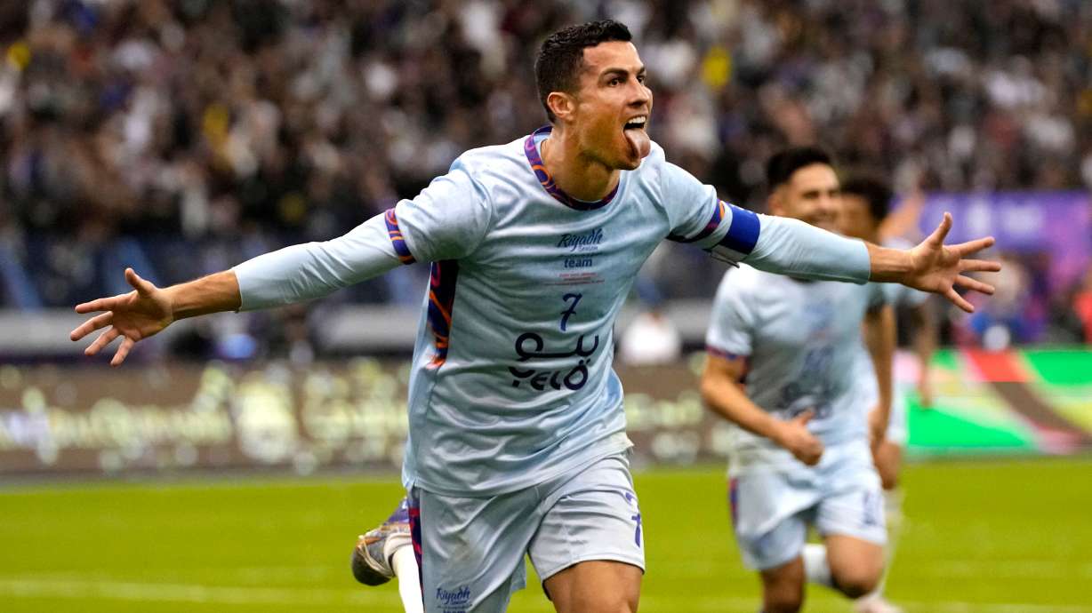 FILE - Al Nassr's Cristiano Ronaldo celebrates after scoring at the King Saud University Stadium, in Riyadh, Saudi Arabia, Jan. 19, 2023.