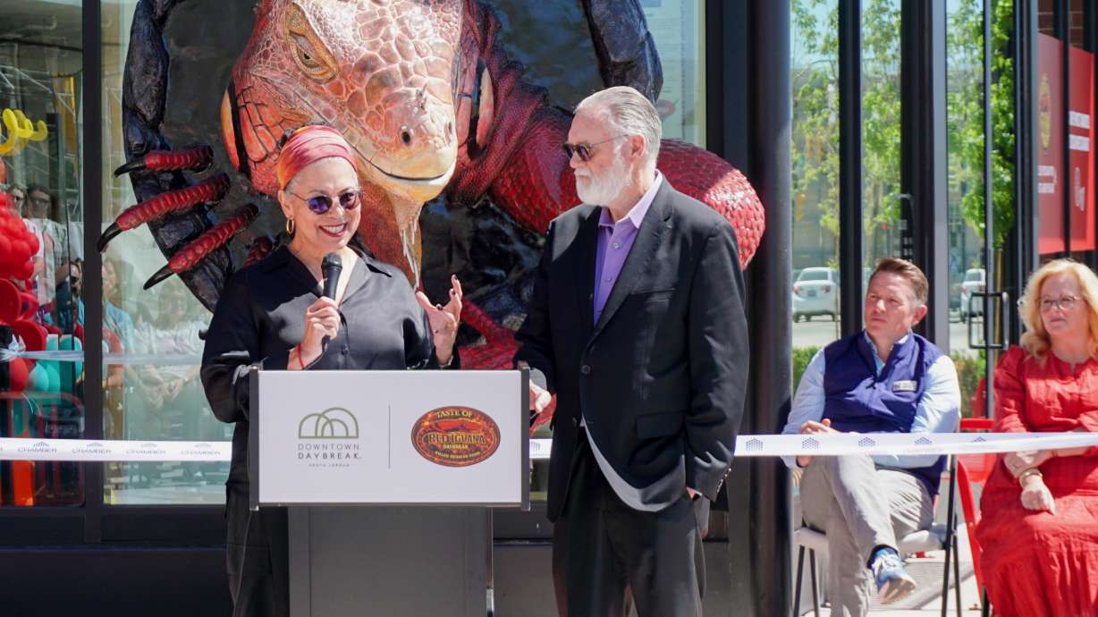 Lucy Cardenas, left, and Bill Coker, operators of Red Iguana, help open the new Taste of Red Iguana location at Downtown Daybreak in South Jordan on May 15, 2026.