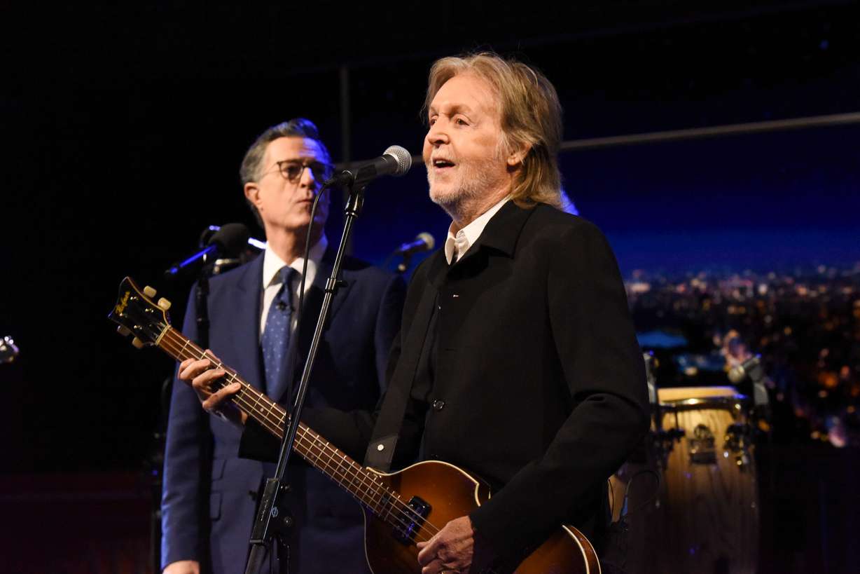 Paul McCartney with host Stephen Colbert during the final episode of "The Late Show with Stephen Colbert" in New York on Thursday. McCartney joined Colbert for a performance of "Hello, Goodbye."
