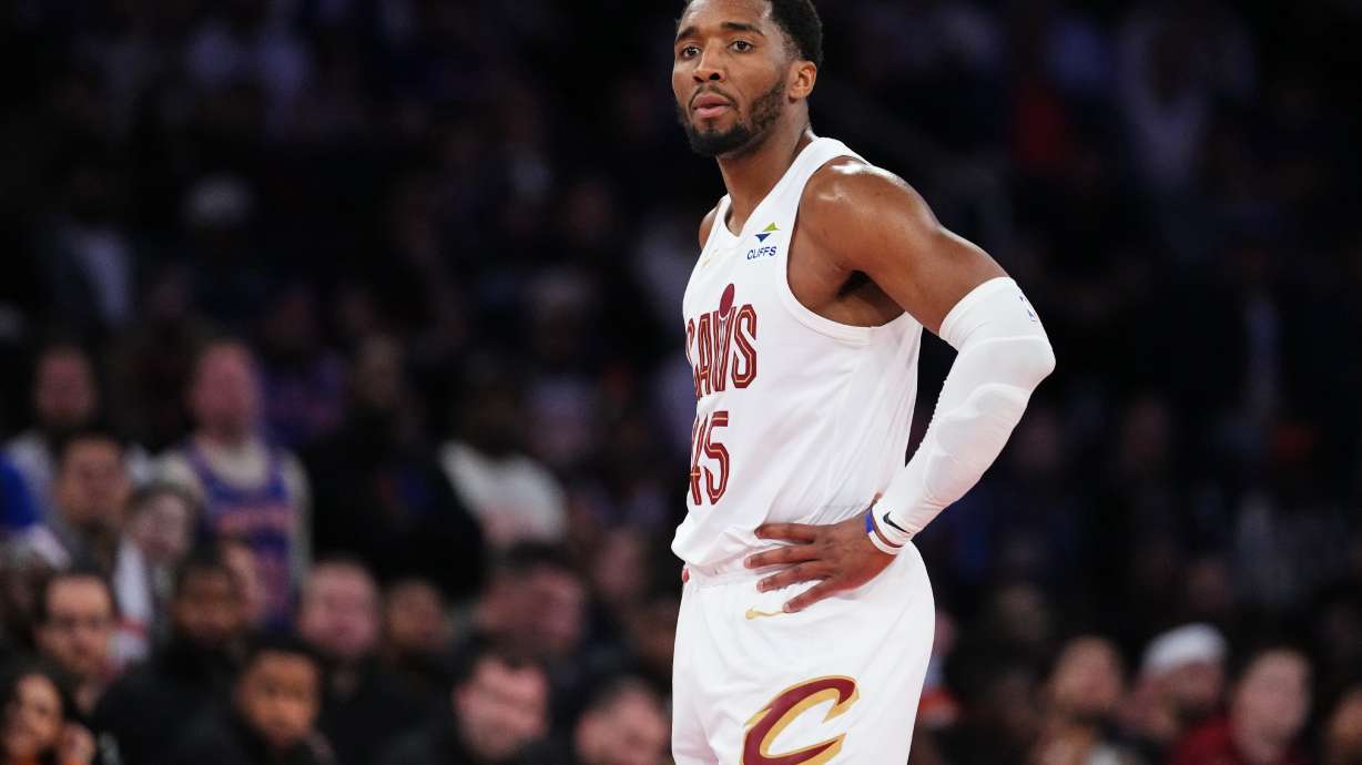Cleveland Cavaliers' Donovan Mitchell reacts during the second half of Game 2 in the Eastern Conference finals NBA basketball playoffs series against the New York Knicks, Thursday, May 21, 2026, in New York.