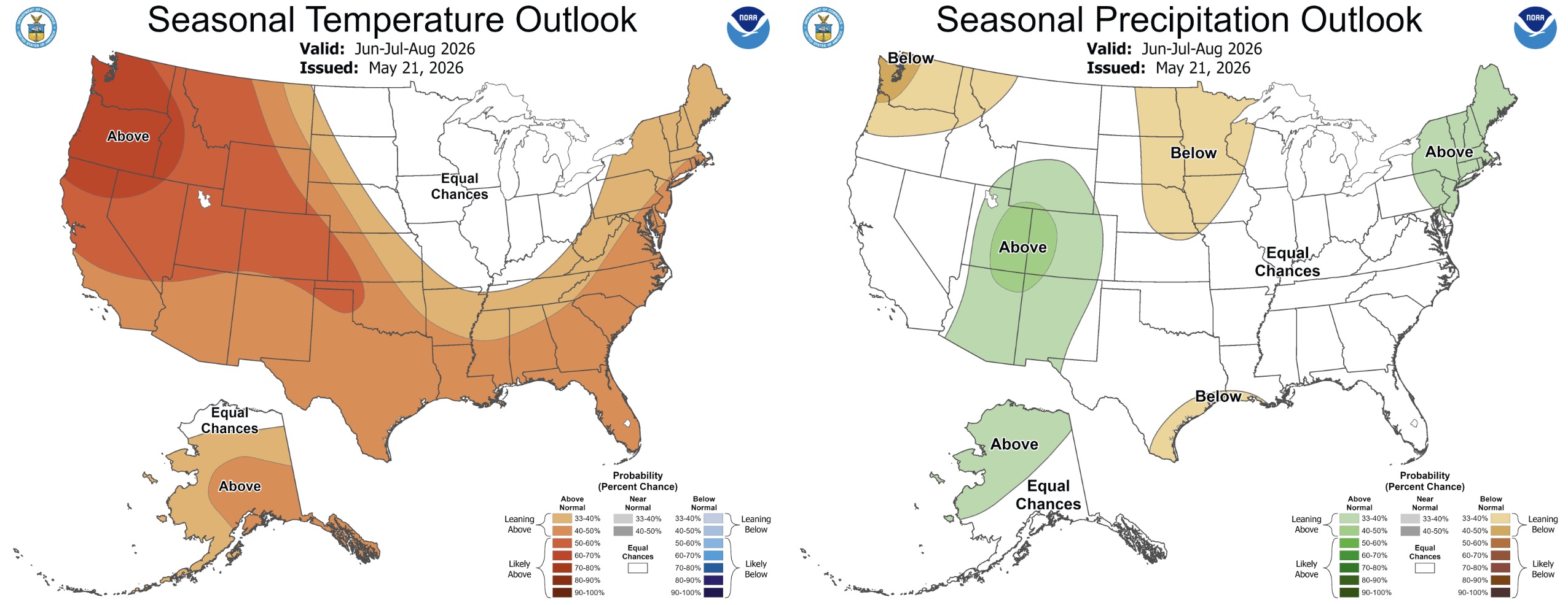 These maps show temperature and precipitation probabilities across the U.S. for the upcoming meteorological summer months of June, July and August.  Utah's odds lean slightly in favor of a hotter but wetter summer.