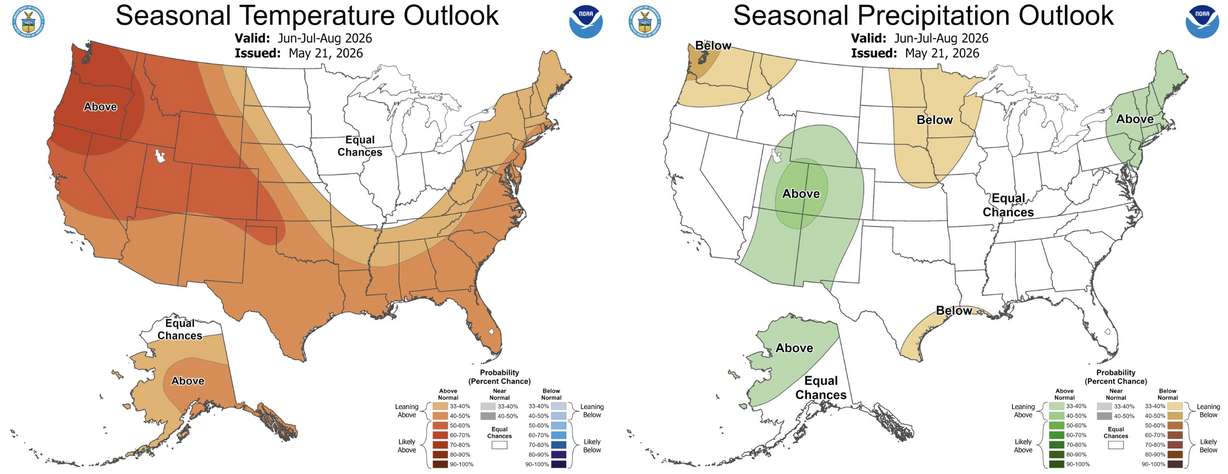 These maps show temperature and precipitation probabilities across the U.S. for the upcoming meteorological summer months of June, July and August. Utah's odds lean slightly in favor of a hotter but wetter summer.