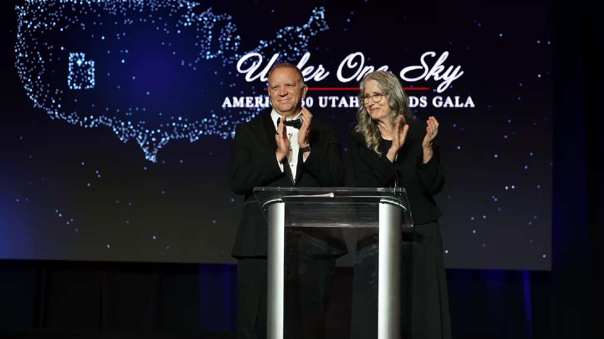 KSL NewsRadio's Andy Farnsworth and Amanda Dickson emcee the Salt Lake Chamber's "Under One Sky America 250 Utah Awards Gala" at Grand America on Thursday. The gala honored those who helped build the American dream in Utah.