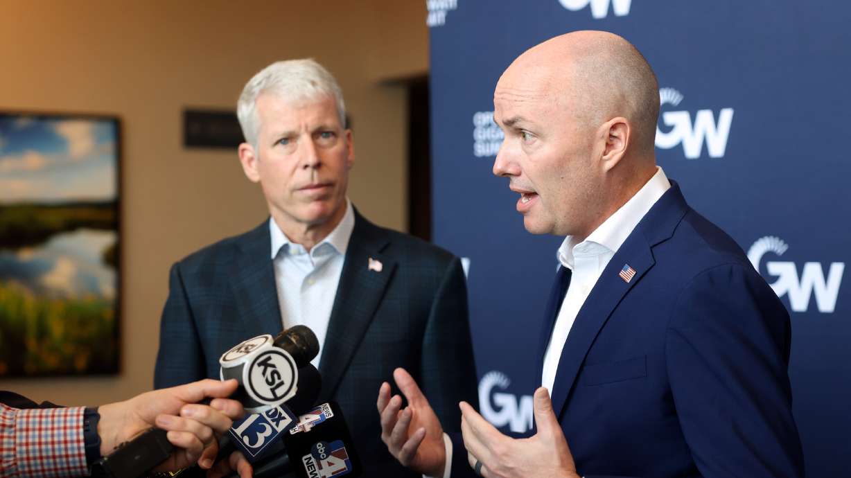 Energy Secretary Chris Wright and Gov. Spencer Cox talk to members of the media at Operation Gigawatt Summit at Grand Hyatt Deer Valley in Summit County on Friday.