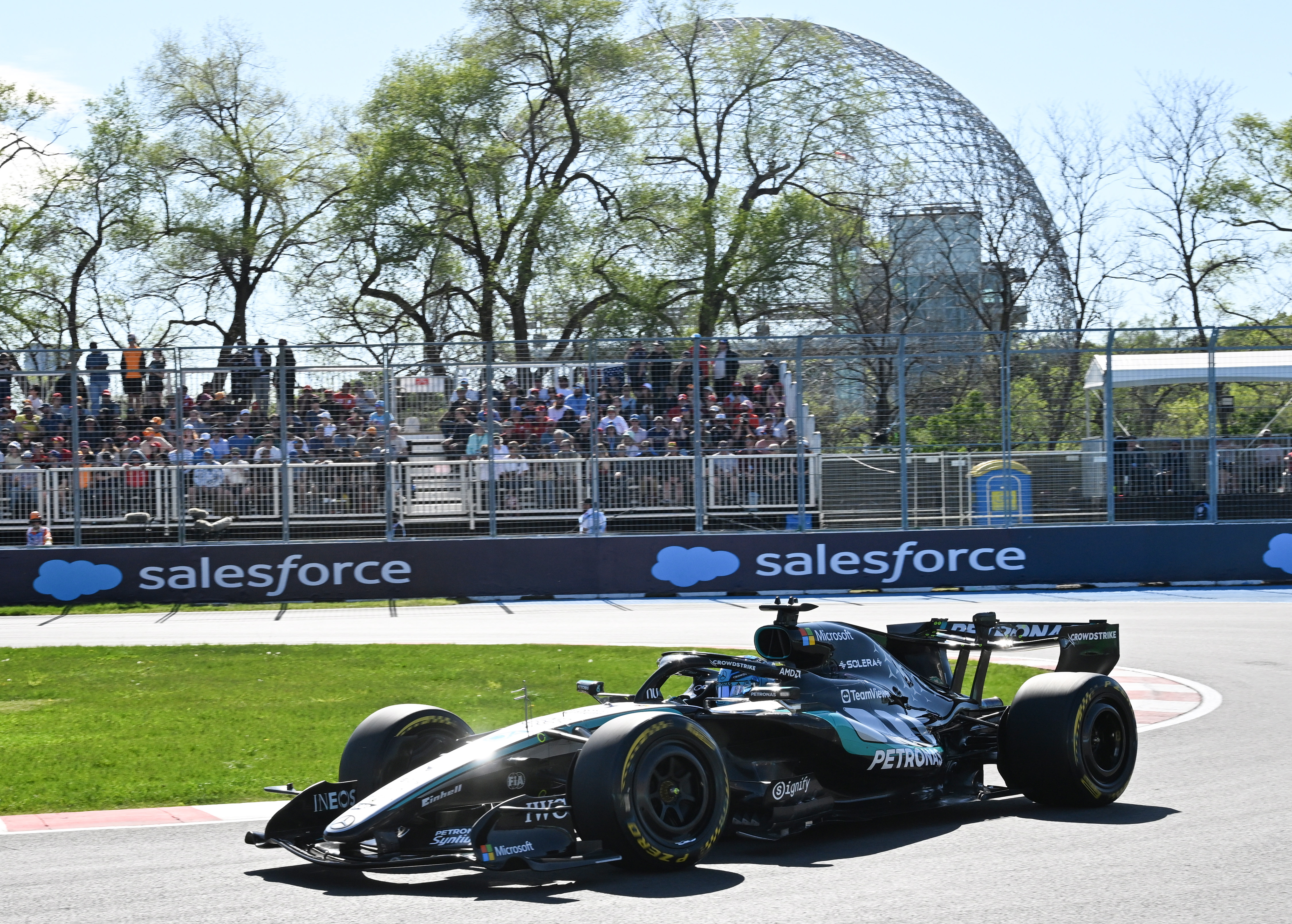 Mercedes driver George Russell of Britain drives during the qualifying session for the sprint race at the F1 Canadian Grand Prix auto race in Montreal, Friday, May 22, 2026. 